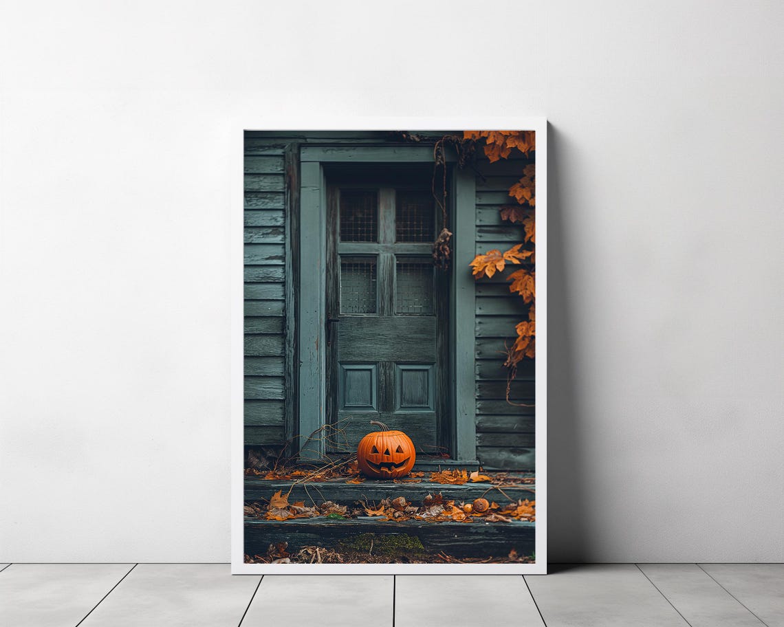 Jack O Lantern On Dark Teal Wooden Doorstep Halloween Poster - Image 3
