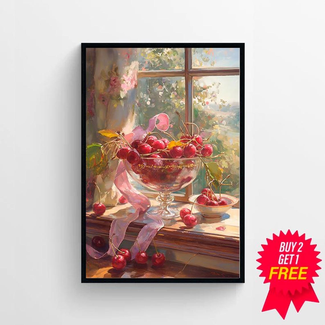 Glass Bowl Of Red Cherries On A Sunny Windowsill Still Life Art Poster - Image 4