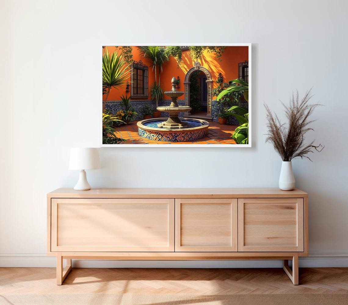 Sunlit Mexican Courtyard Mosaic Tile Fountain Garden Art Poster - Image 2