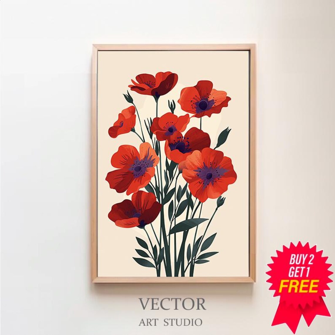 Vintage Red Poppy Bouquet on a Cream Background Bold Floral Poster