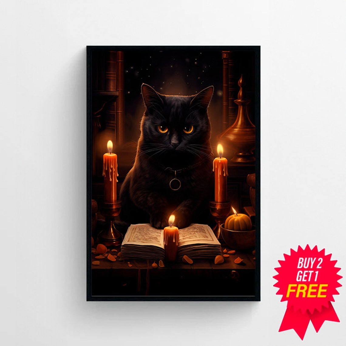 Black Cat With an Open Spell Book Candles and Pumpkin Poster - Image 4