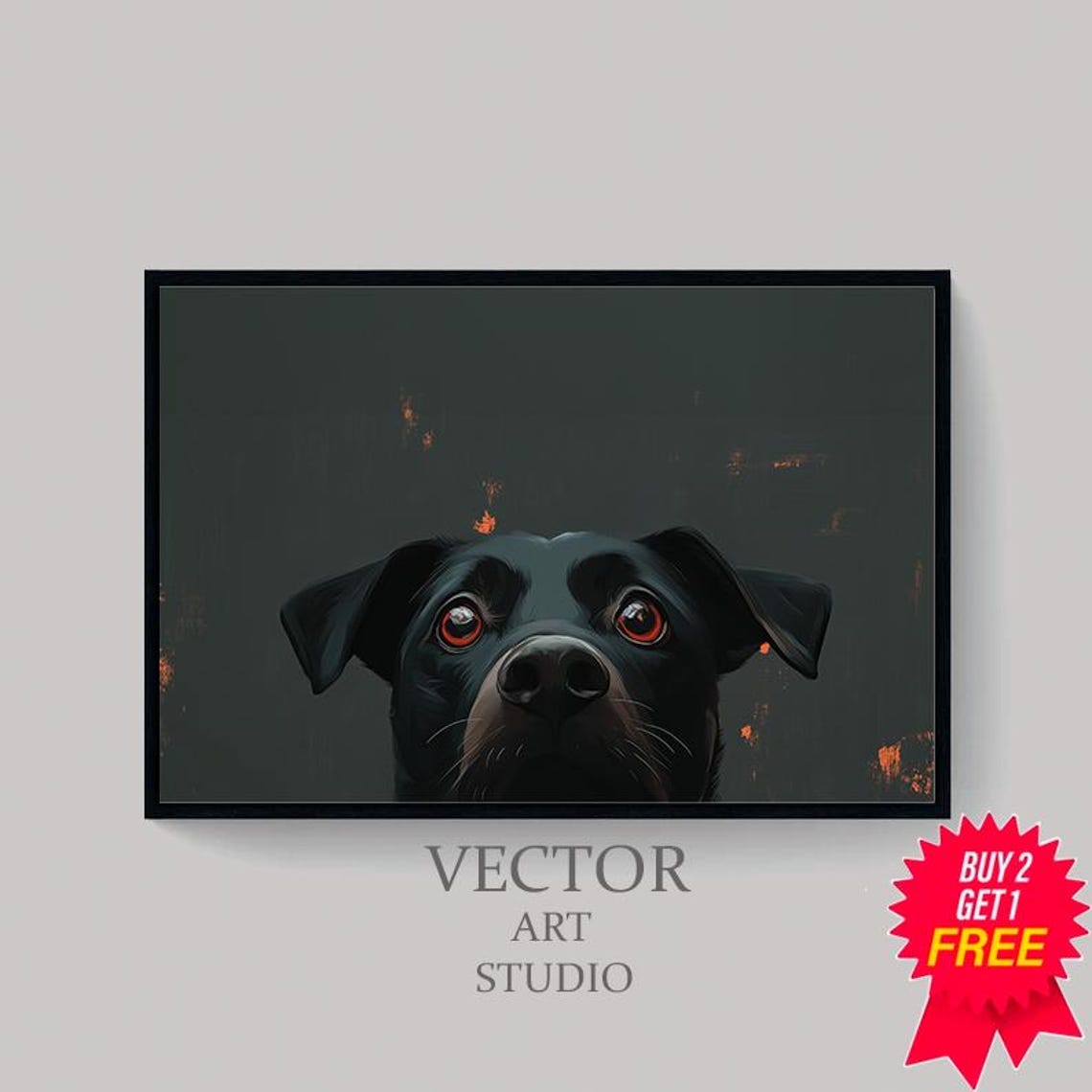 Peeking Black Dog with Big Expressive Amber Eyes on Dark Poster - Image 4