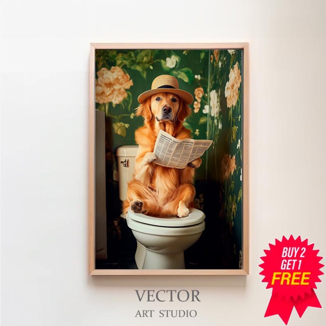 Golden Retriever in Toilet, Funny Bathroom Art Print
