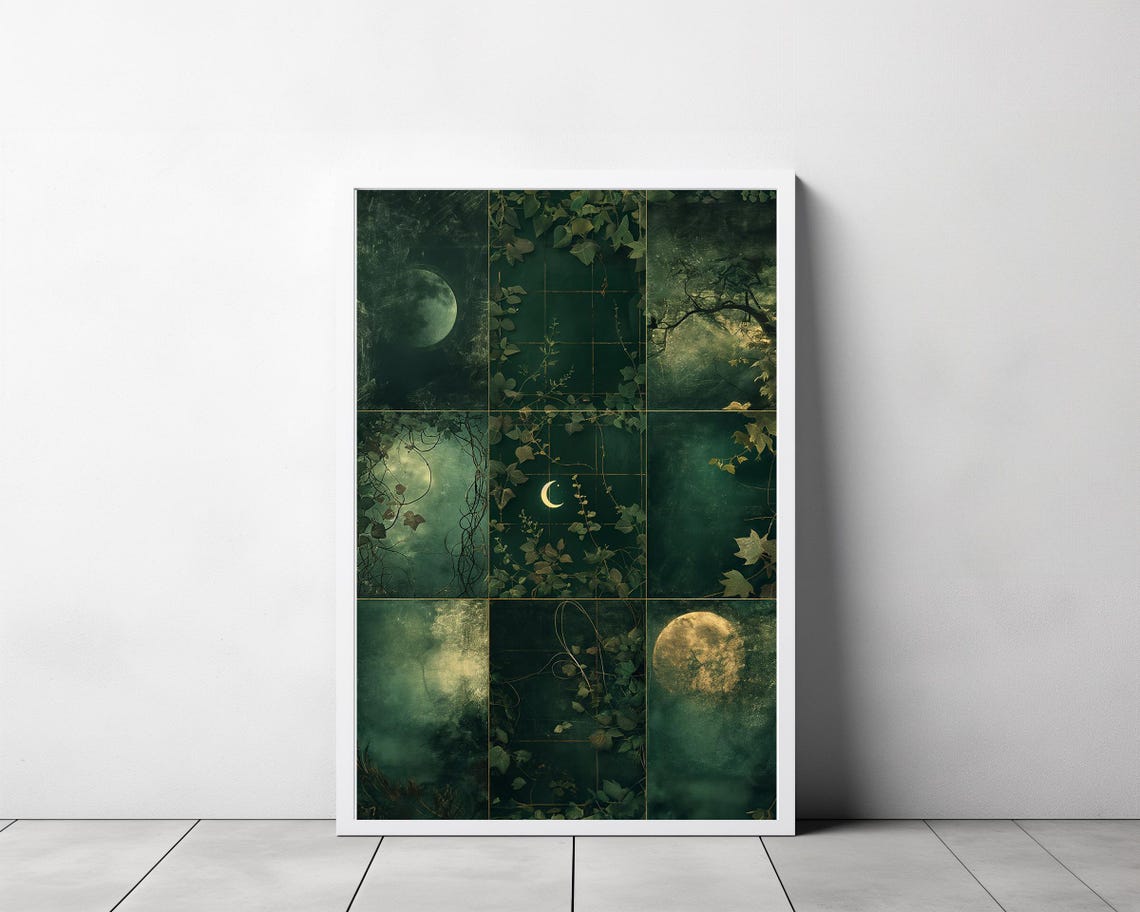 Moody Moon Phases Nine Panel Dark Green Botanical Night Poster - Image 3