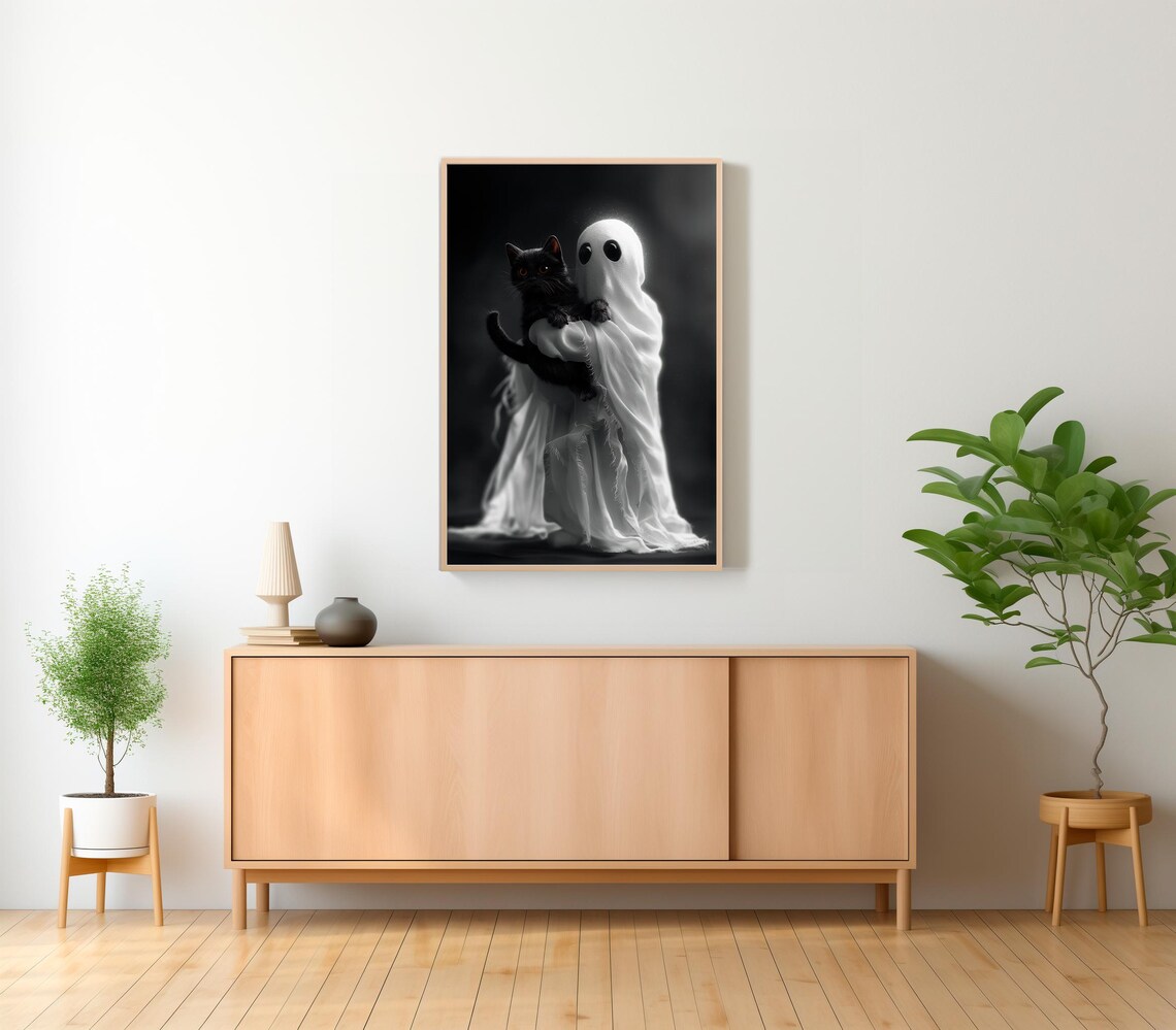 Adorable Sheet Ghost Cuddling Black Cat Dark Background Halloween Poster - Image 2