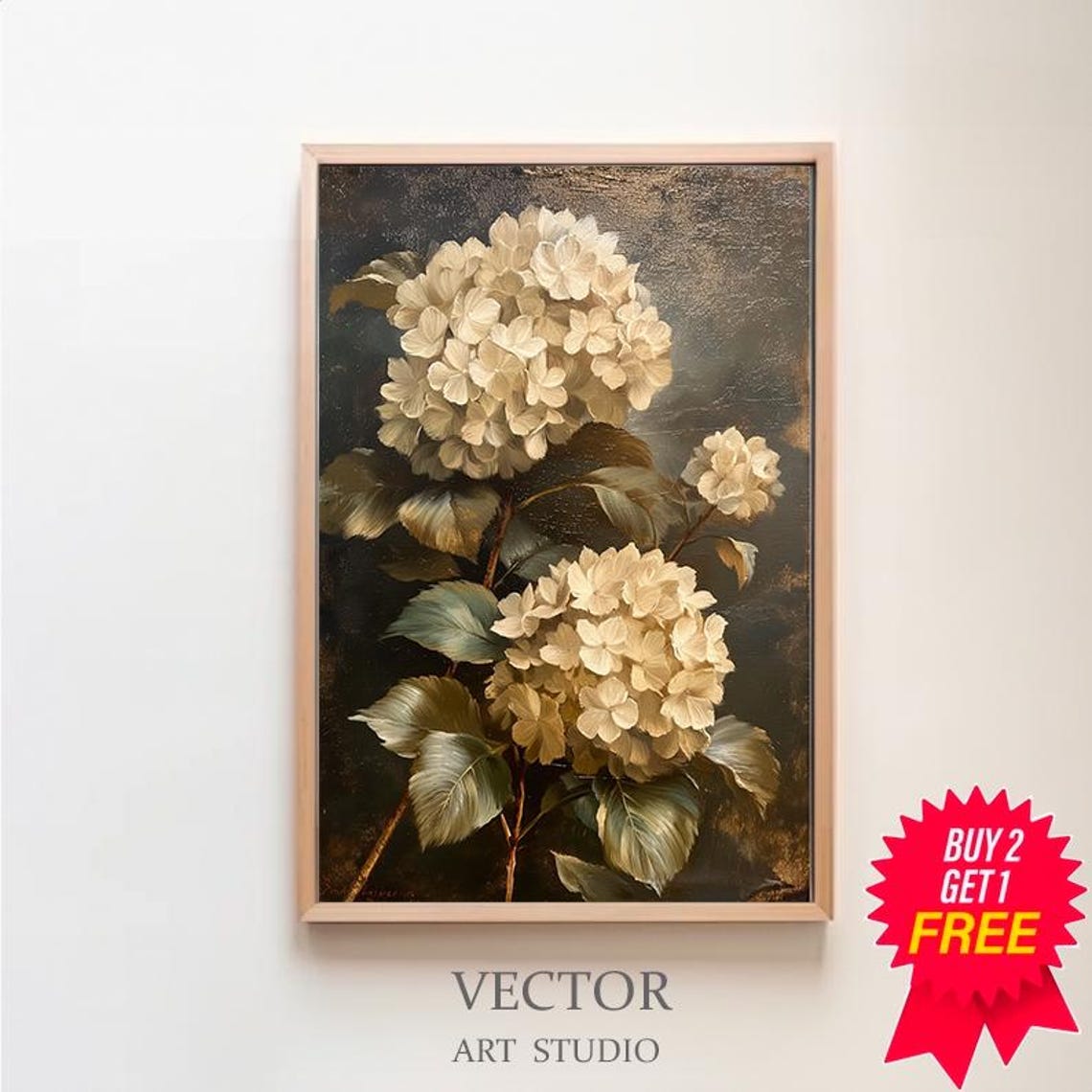 Moody Cream Hydrangea Blossom Clusters Dark Vintage Floral Poster