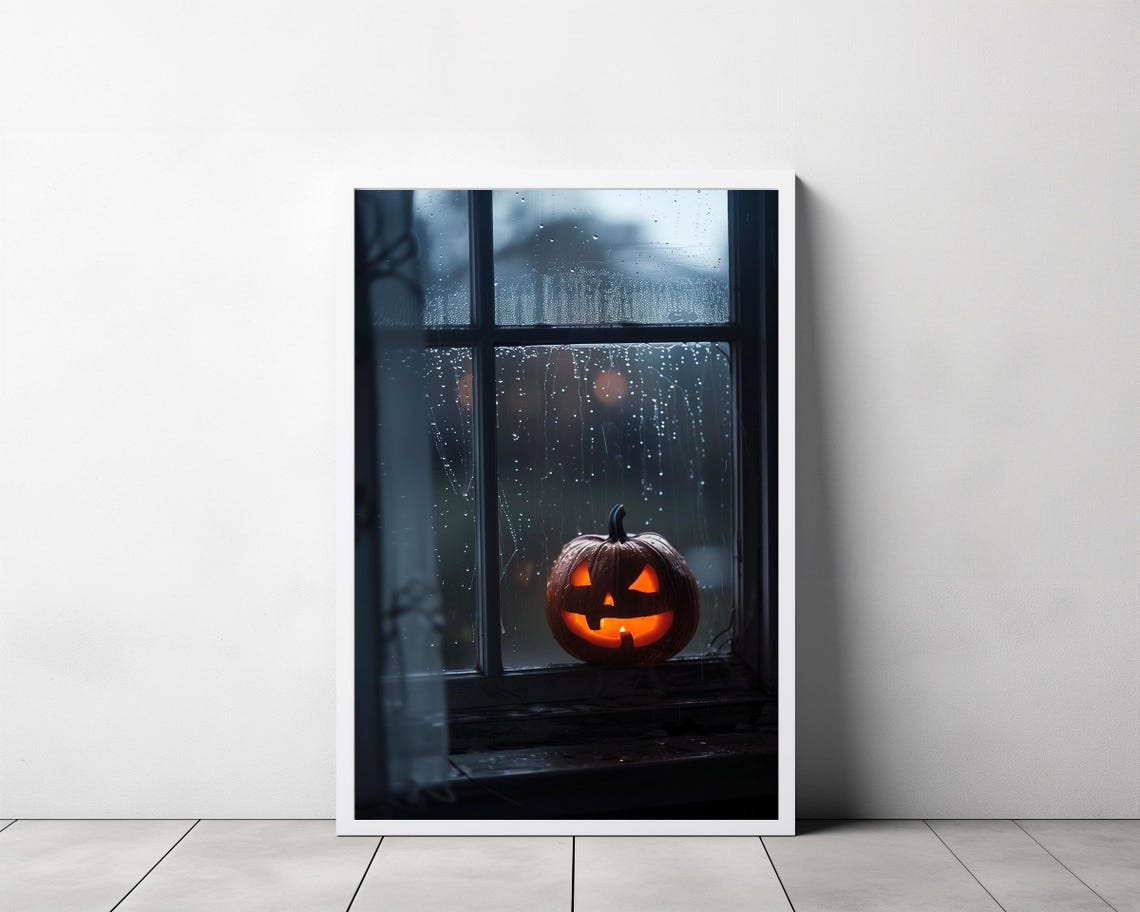 Glowing Jack O Lantern on Rainy Window Night Spooky Halloween Poster - Image 3