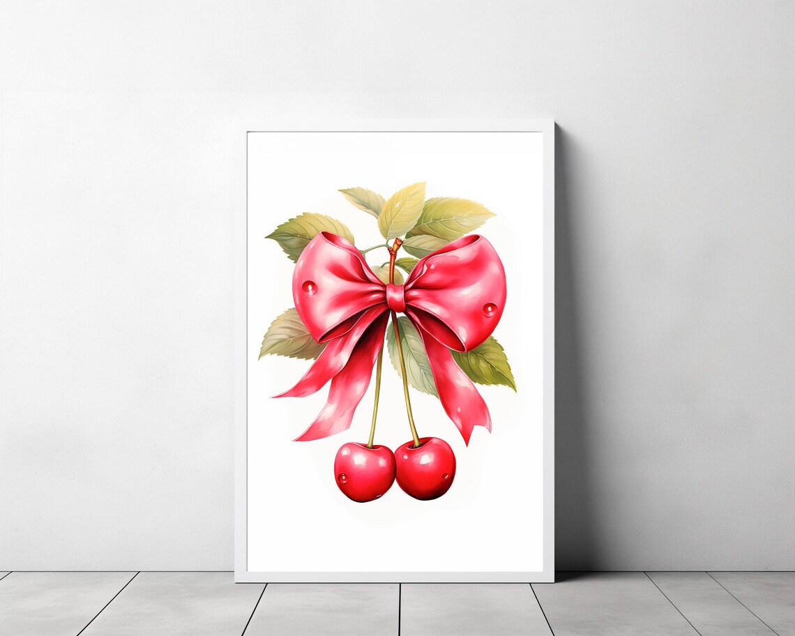 Cherry Wall Art Print Feminine Poster Trendy Wall Art Coquette Pink Bow Soft Girl Bedroom Decor Preppy College Apartment Print - Image 3