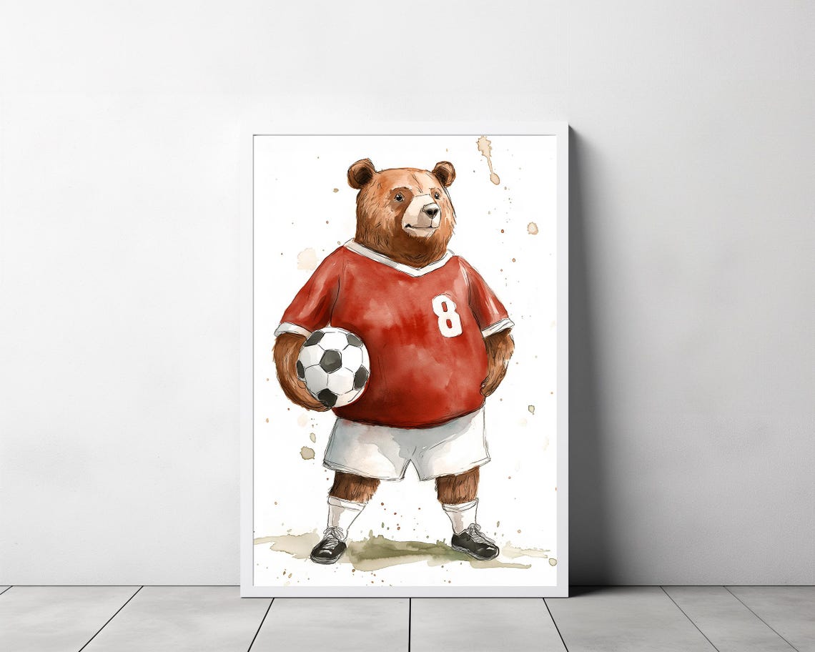 Watercolor Bear Soccer Player Wearing a Red Number 8 Jersey Poster - Image 3
