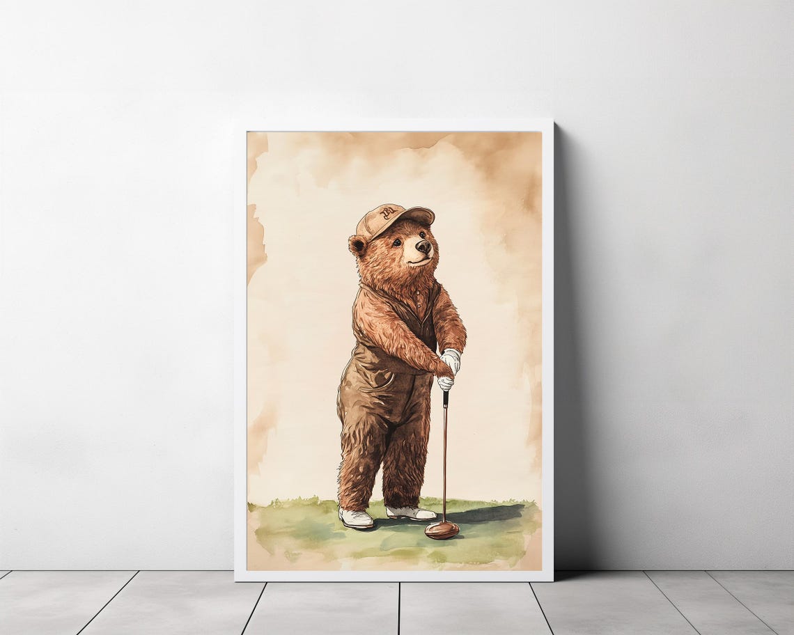 Cute Bear Golfer In Overalls Putting On The Green Nursery Wall Art - Image 3