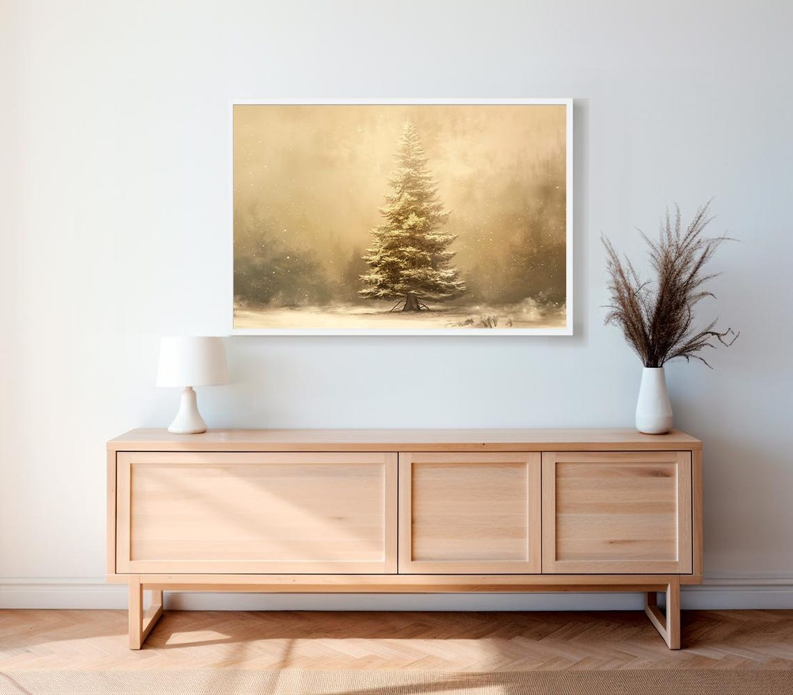 Lone Snow Covered Evergreen Tree Golden Mist Winter Scene Poster - Image 2