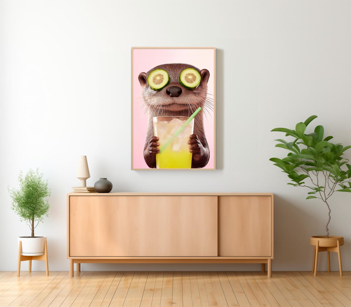 Funny Otter with Cucumber Slices Sipping Lemonade on Pink Poster - Image 2