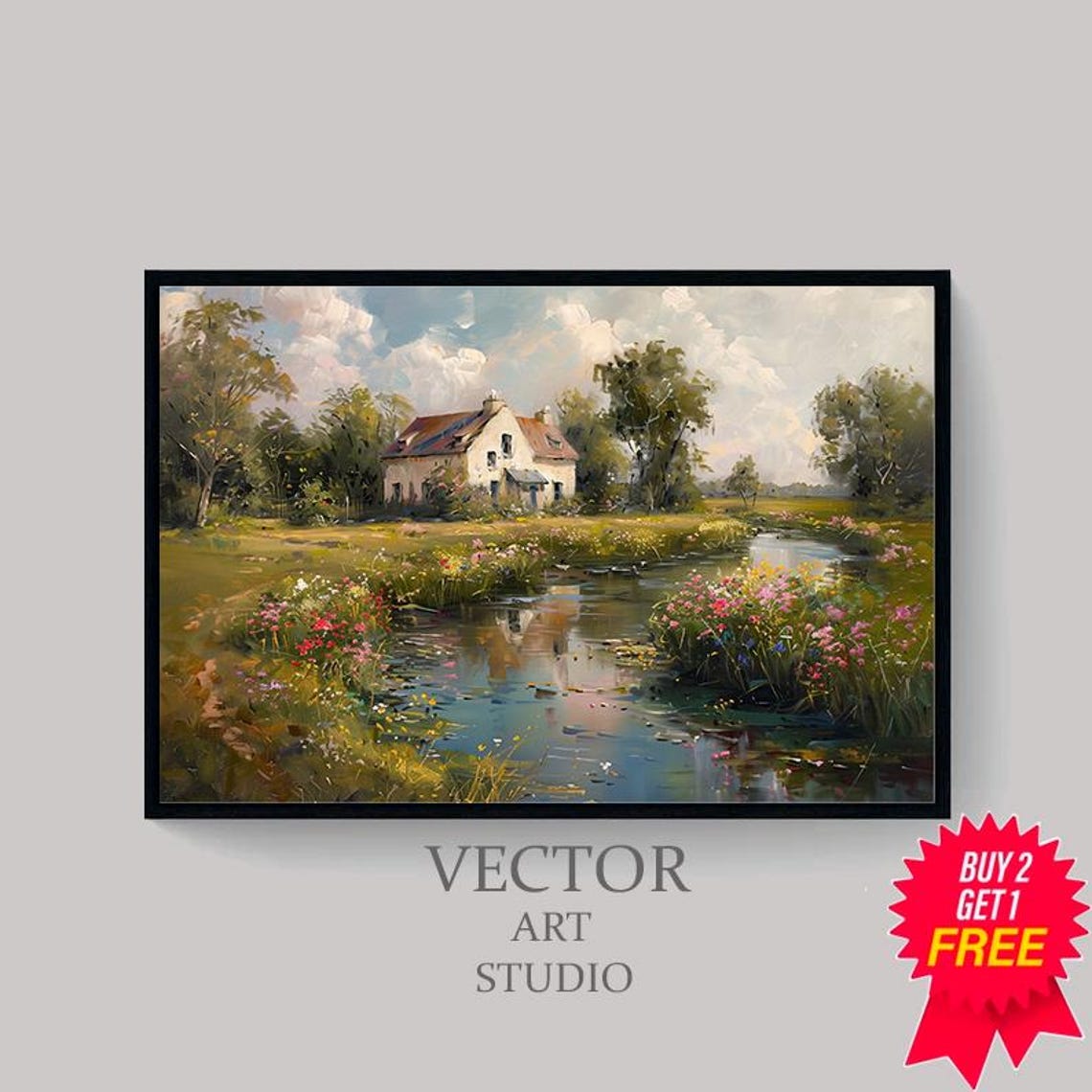 Country Cottage Beside Wildflower Stream Meadow Oil Painting Poster - Image 4