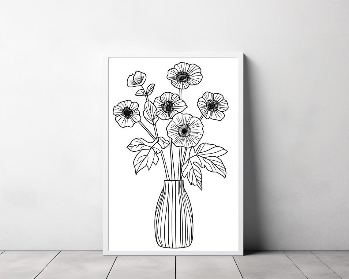 Black and White Anemone Line Drawing in a Tall Ribbed Vase Poster - Image 3