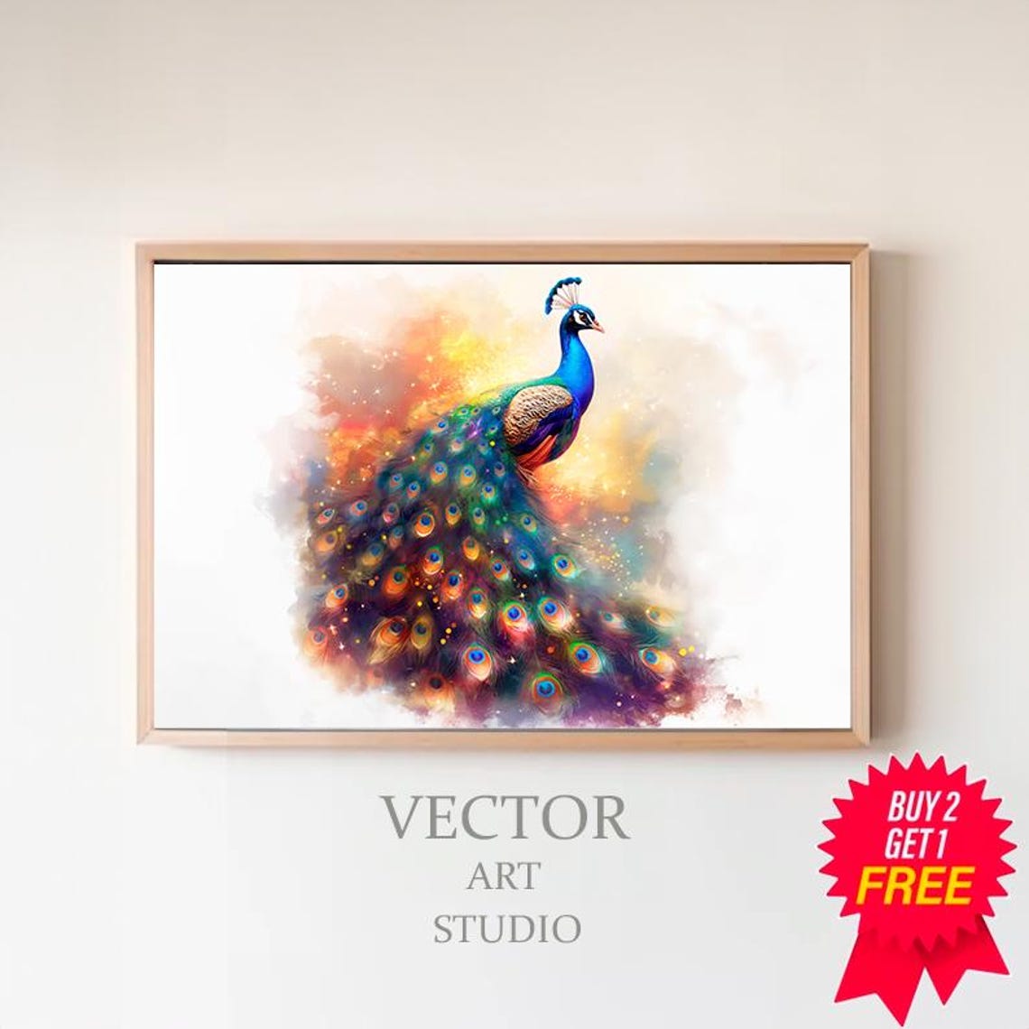 Watercolor Peacock with Colorful Fanned Tail Feathers Poster