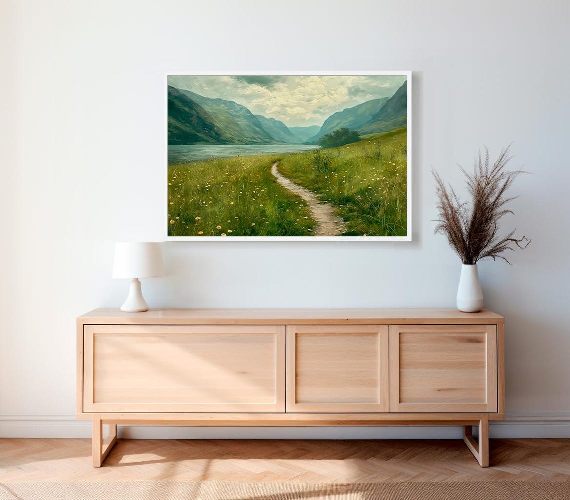 Rustic Country Field Artwork Perfect For Home Refresh Vintage Landscape Mountain Spring Meadow Painting - Image 2