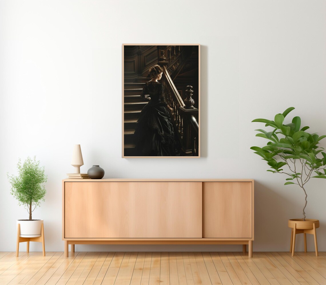 Victorian Lady In Black Gown Climbing Grand Staircase Dark Academia Poster - Image 2