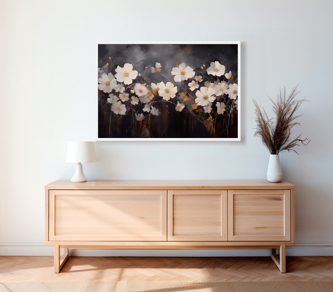 White Cosmos Flowers on Dark Charcoal Moody Floral Painting Art Poster - Image 2