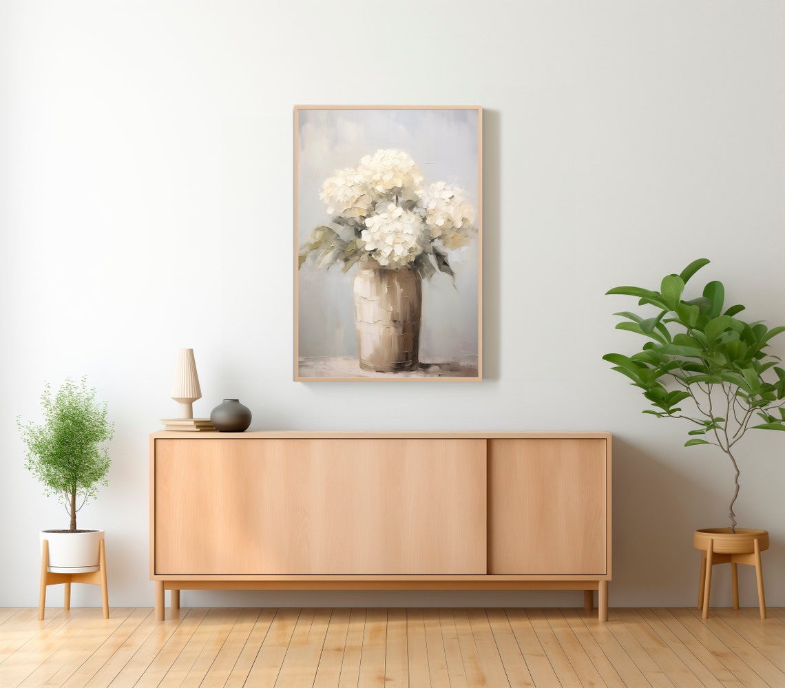 White Hydrangeas in a Ceramic Vase Soft Farmhouse Floral Poster - Image 2