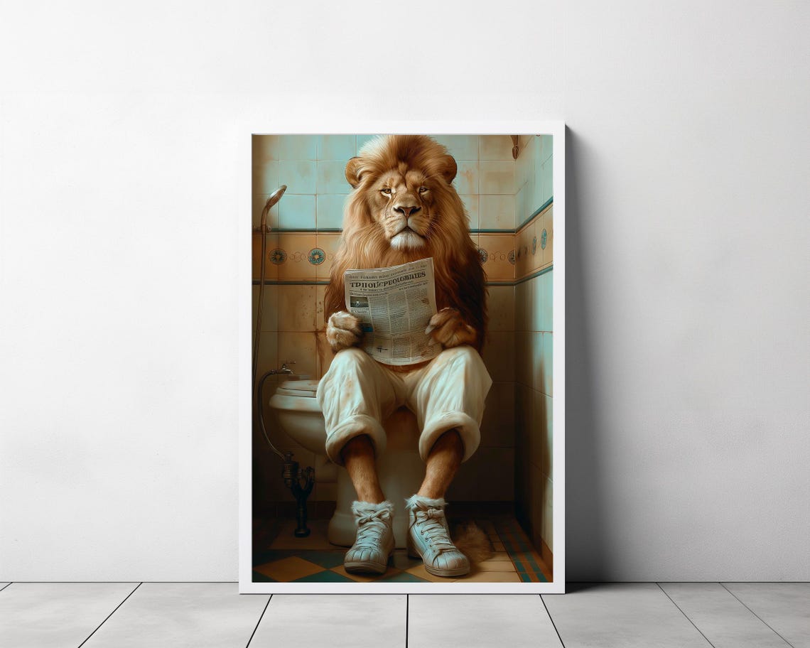 Funny Lion in Shorts and Sneakers Reading on Toilet Bathroom Poster - Image 3