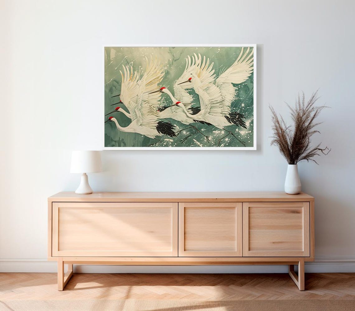 Red-Crowned Cranes in Flight Over Japanese Green Landscape Poster - Image 2