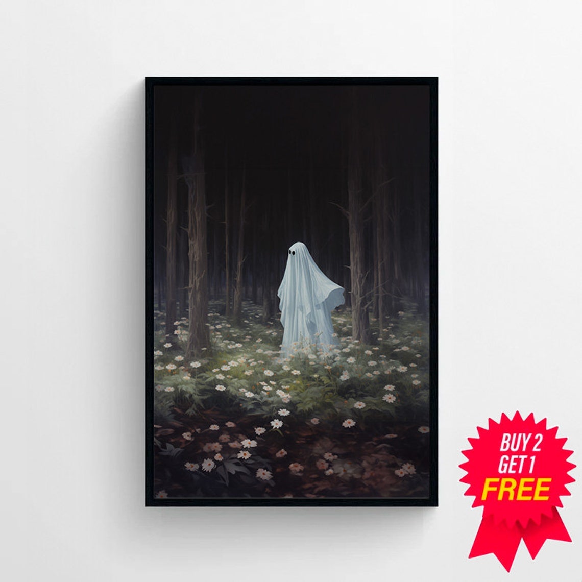 Ghost Walking Among White Daisies in a Dark Moonlit Forest Poster - Image 4