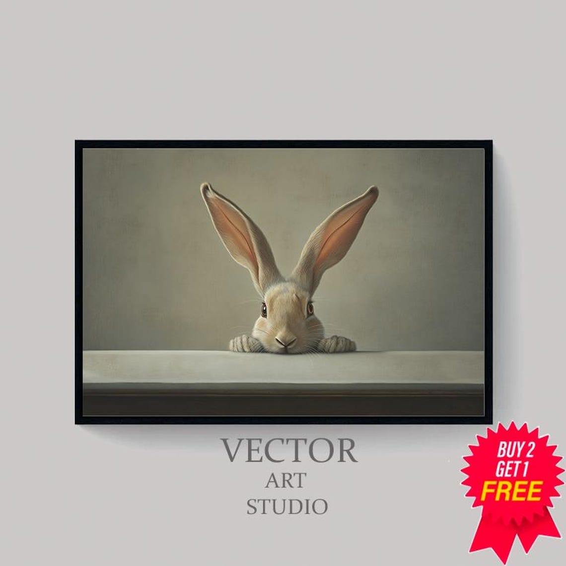 Wide-Eyed Cream Bunny with Paws Peeking Over a Grey Ledge Poster - Image 4