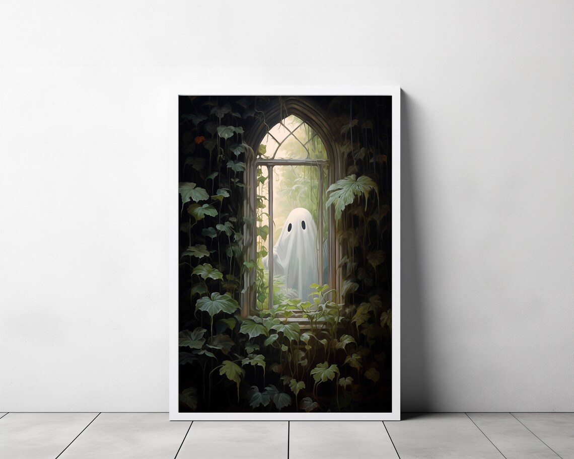 Ghost Behind a Tall Arched Glass Door in Wild Foliage Poster - Image 3