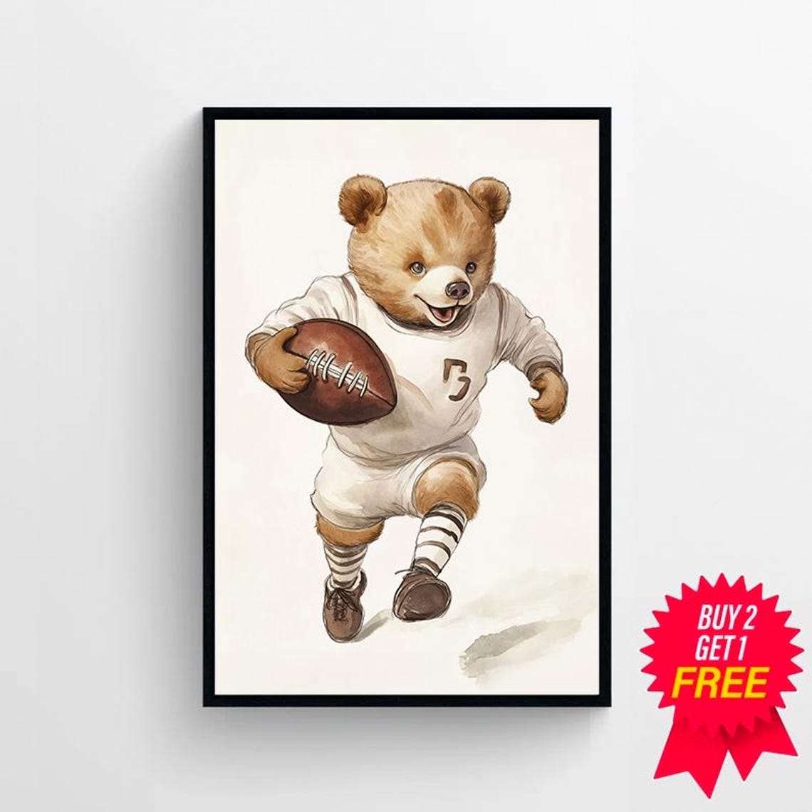 Teddy Bear Football Player Running With the Ball Nursery Poster - Image 4
