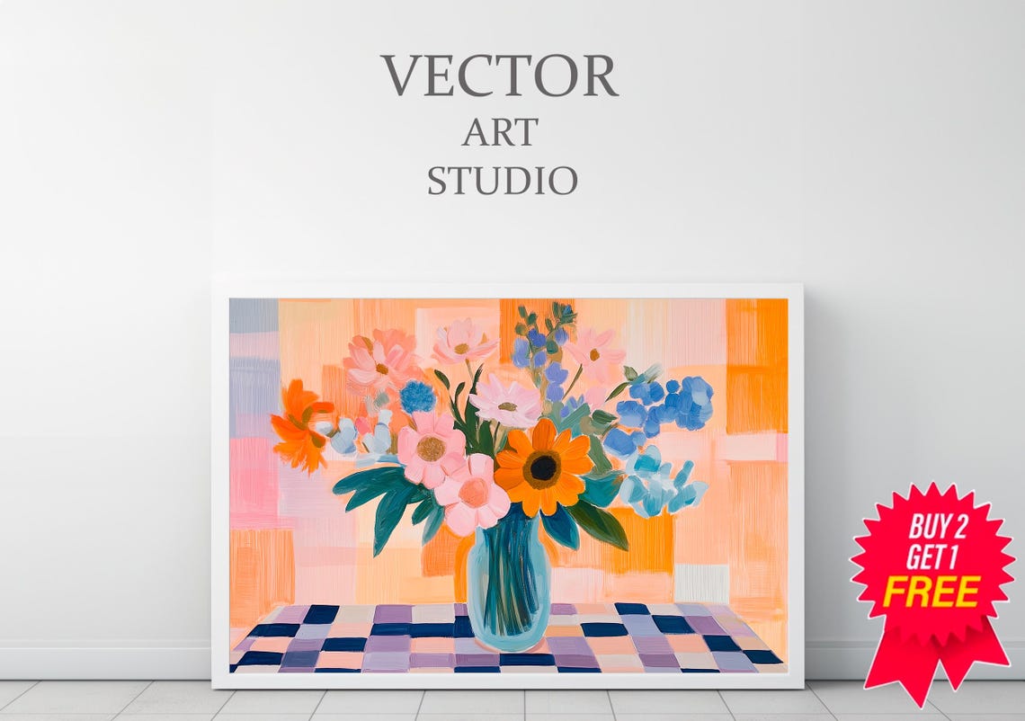 Still Life Frame Tv Art Maximalist Mid Century Modern Bold Flower Tv Picture Colorful Floral Vibrant Checkerboard Textured Oil Painting - Image 3