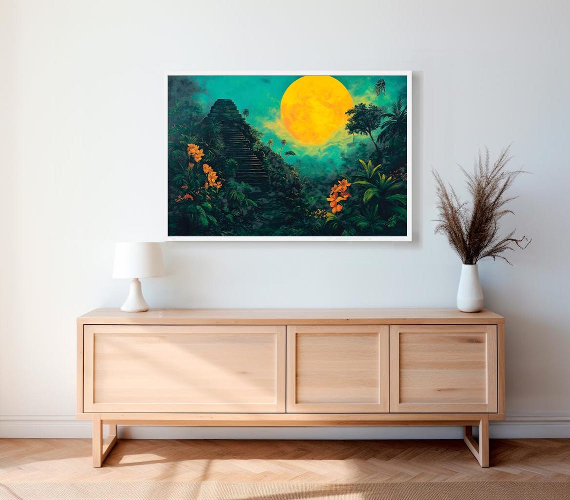 Ancient Jungle Pyramid Under Giant Golden Moon Fantasy Poster - Image 2