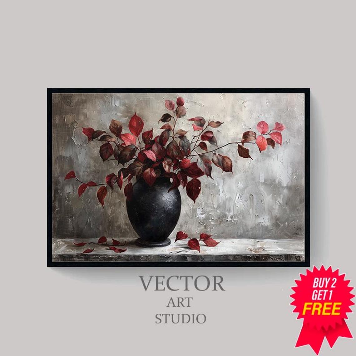Burgundy Branches Painting Art Moody Floral Art Vintage Fall Artwork - Image 4