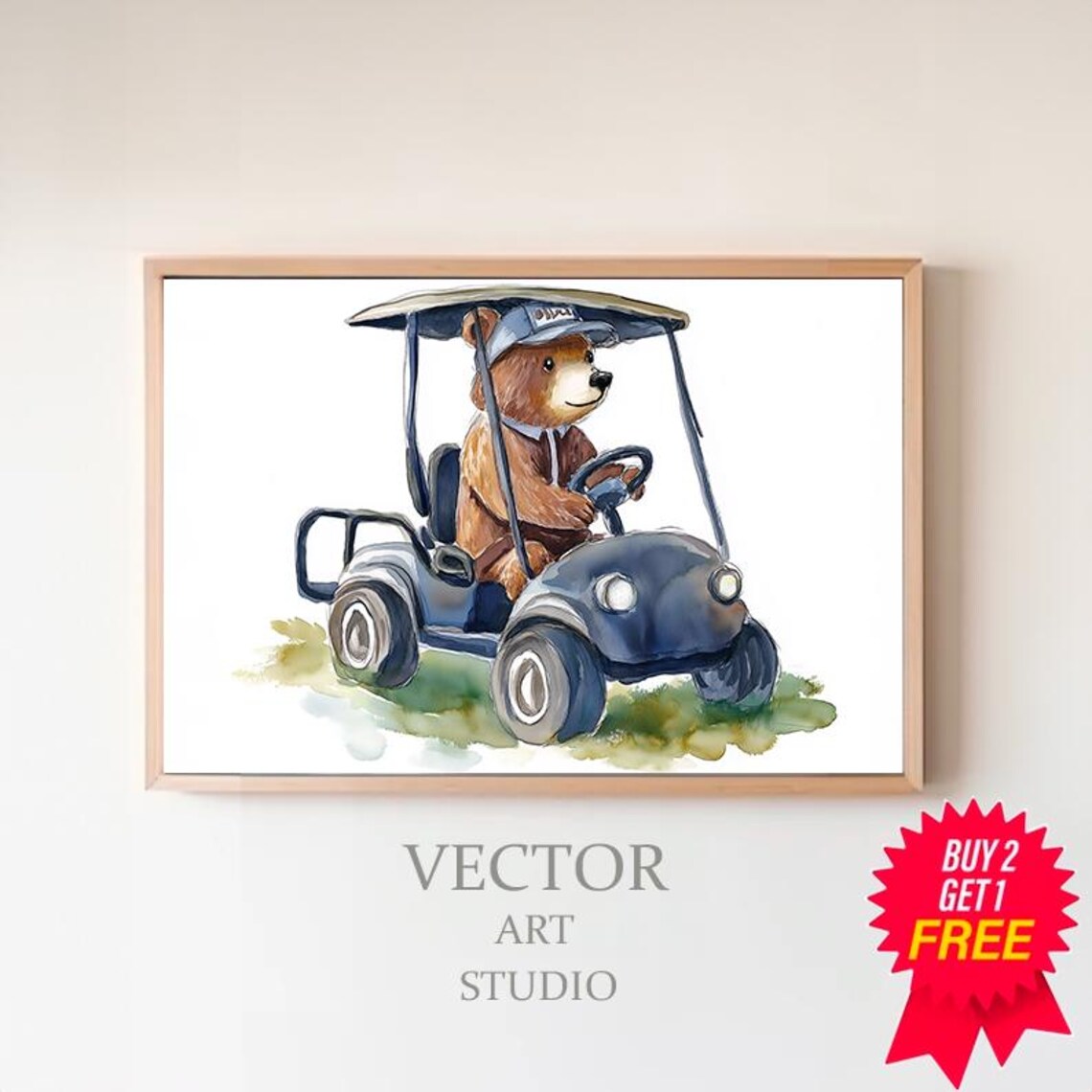 Cute Bear Driving A Blue Golf Cart In Watercolor Nursery Wall Decor Print