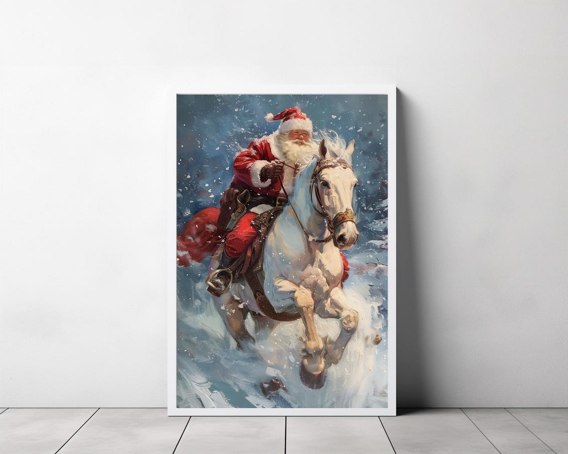 Santa Claus Riding a Galloping White Horse through a Snowstorm Poster - Image 3