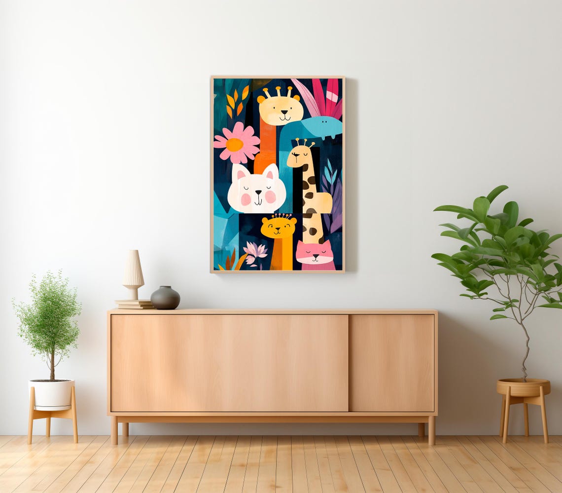 Colorful Safari Animal Faces Lion Giraffe Kids Nursery Poster - Image 2
