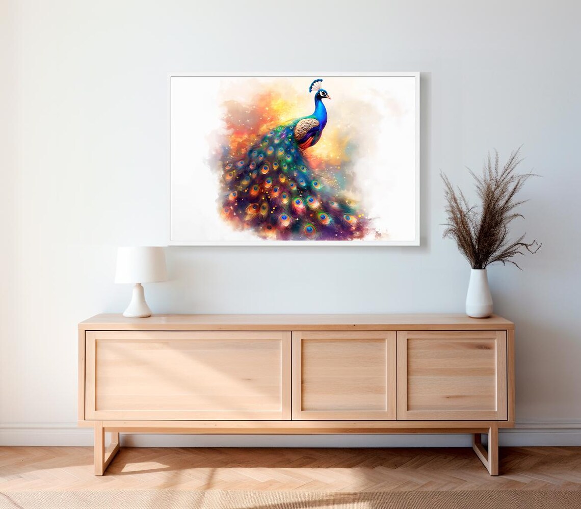 Watercolor Peacock with Colorful Fanned Tail Feathers Poster - Image 2