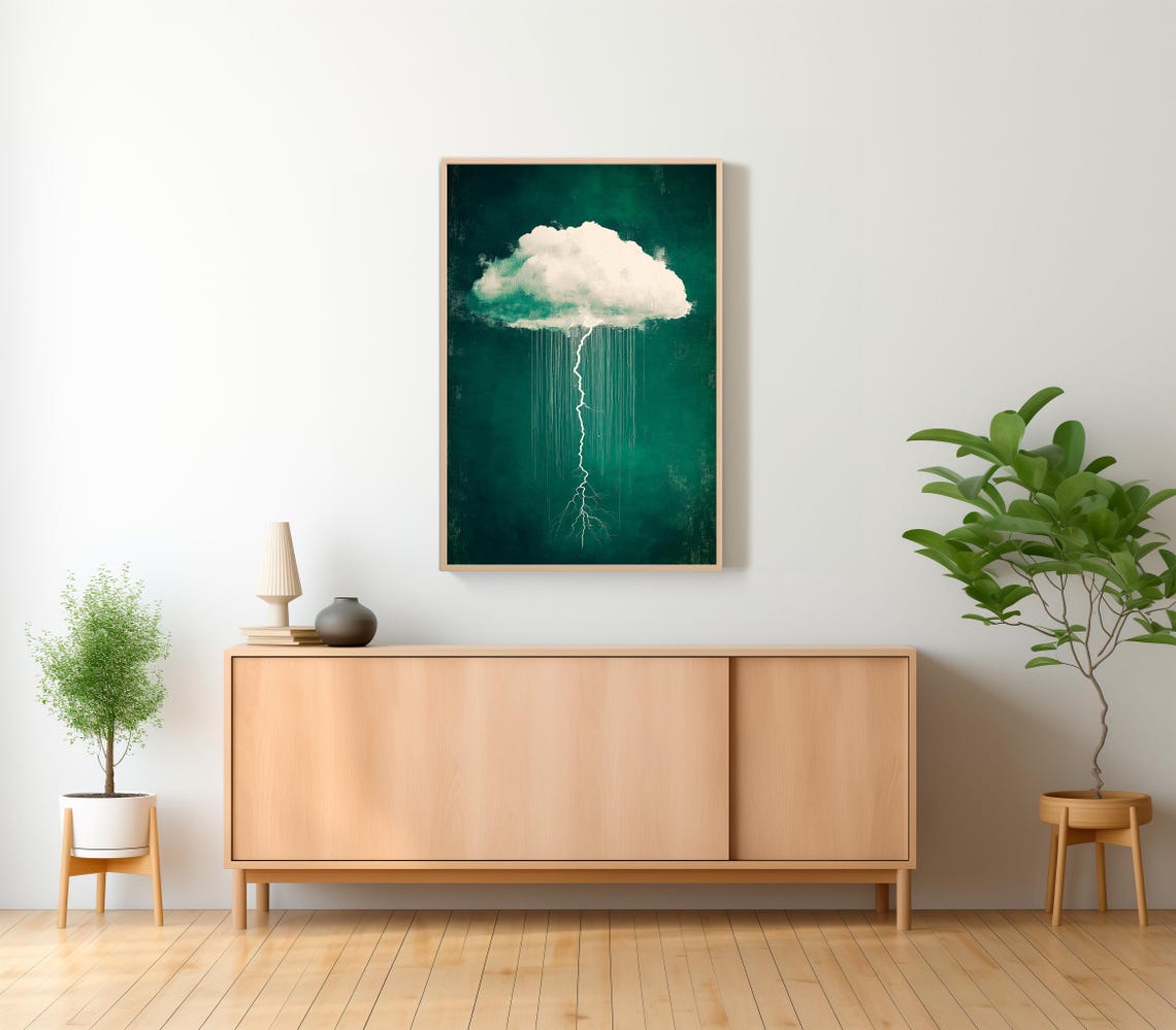 Emerald Green Lightning Cloud Art Cloud Art Minimalist Wall Decor Cloud Print Lightning Art Moody Cloud Art - Image 2