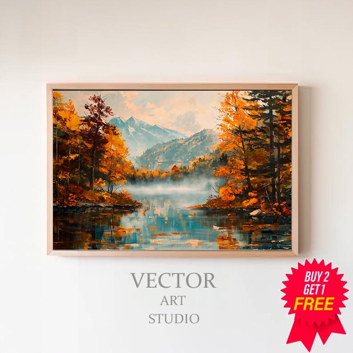 Autumn Lake with Fiery Orange Trees and Misty Mountains Art Poster