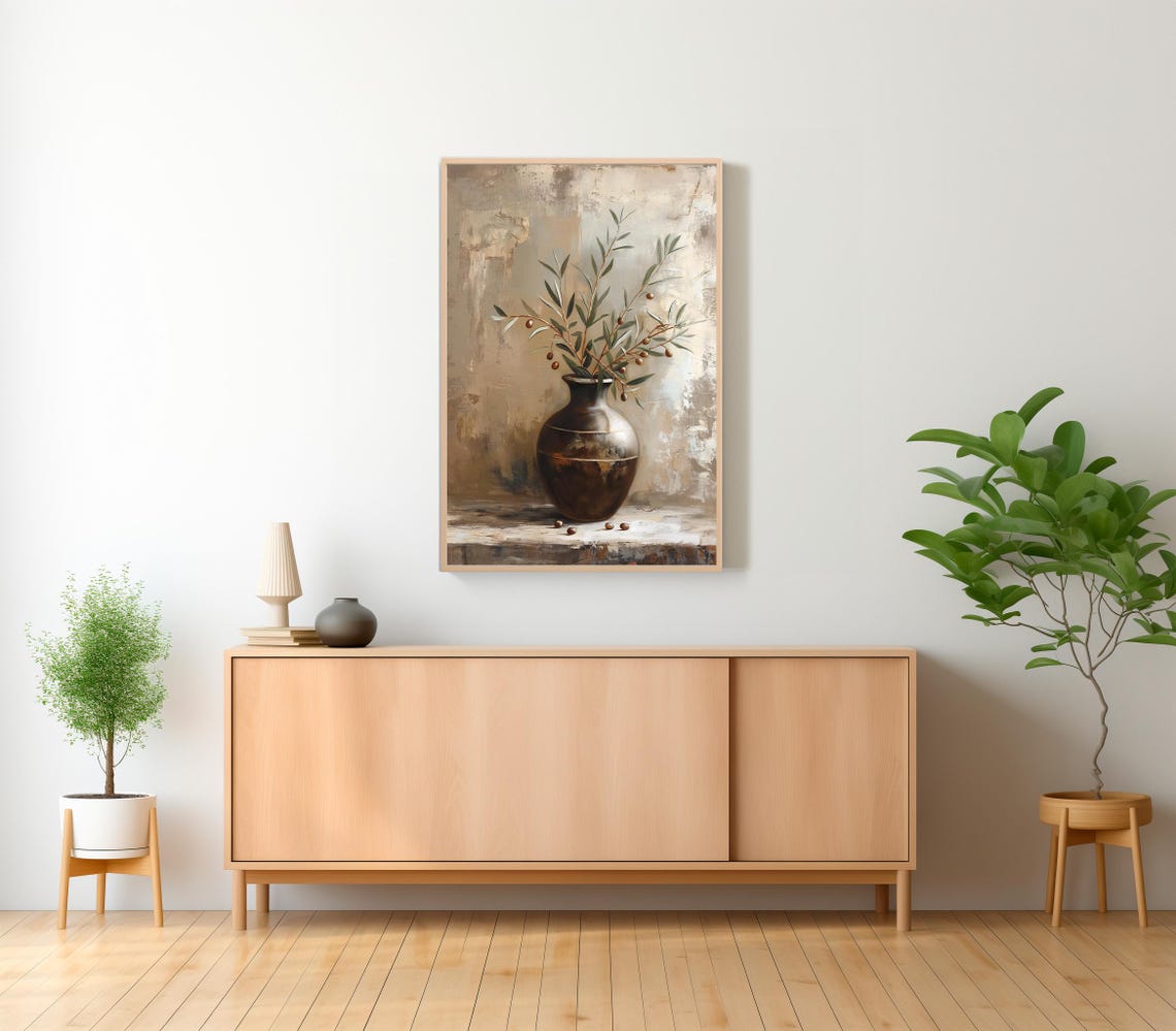 Moody Dark Brown Ceramic Vase with Olive Sprigs Still Life Poster - Image 2