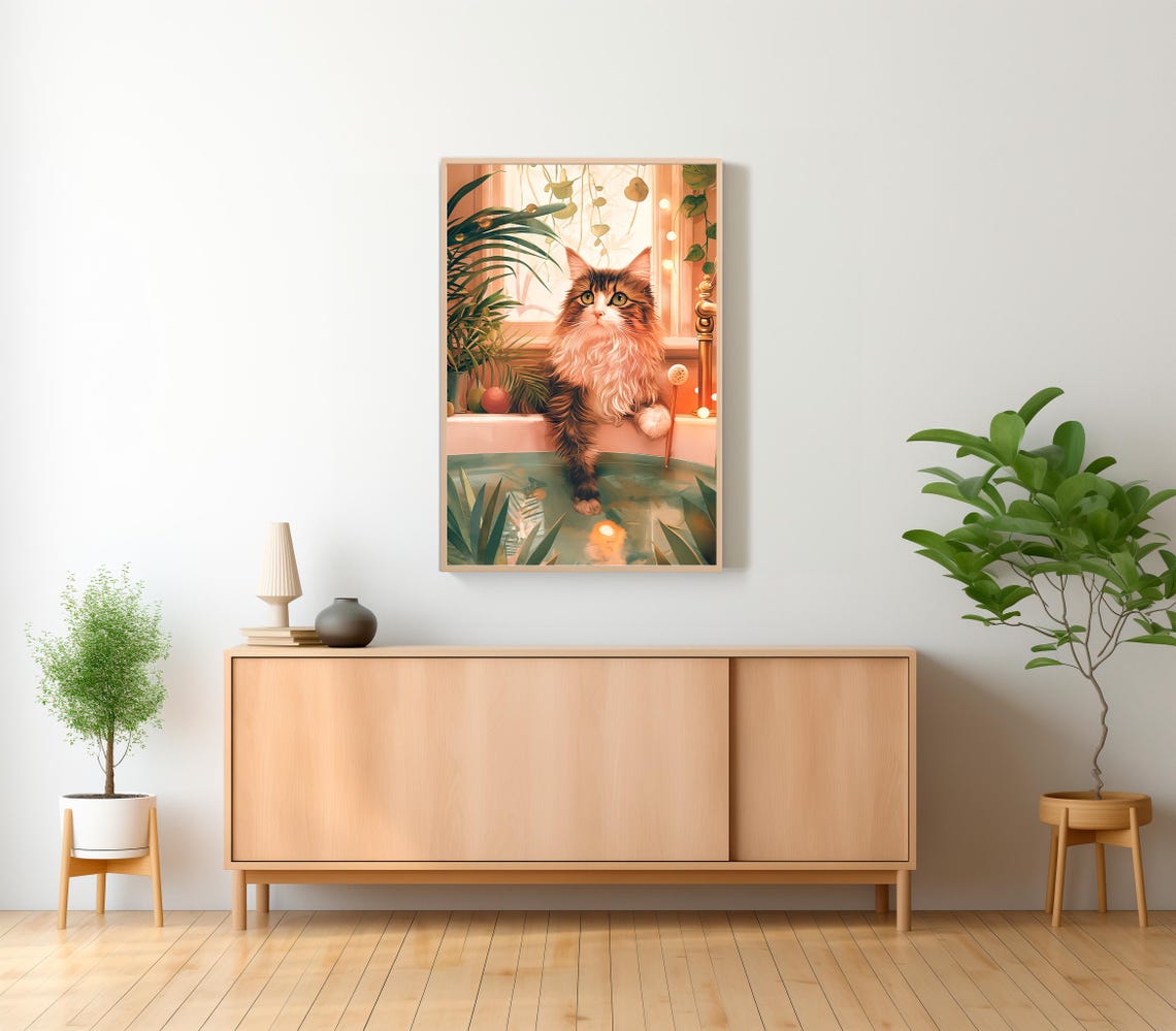 Long Haired Tabby Cat in a Plant Filled Bathtub Spa Art Poster - Image 2
