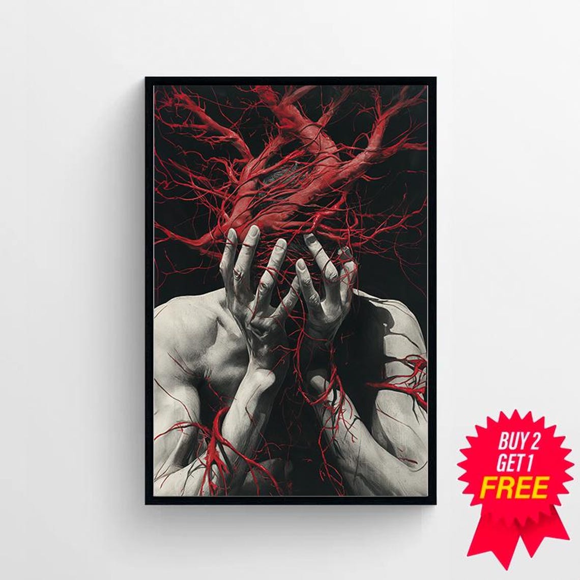 Devil Muscular Figure With Hands Over Face Red Veins Dark Art Poster - Image 4