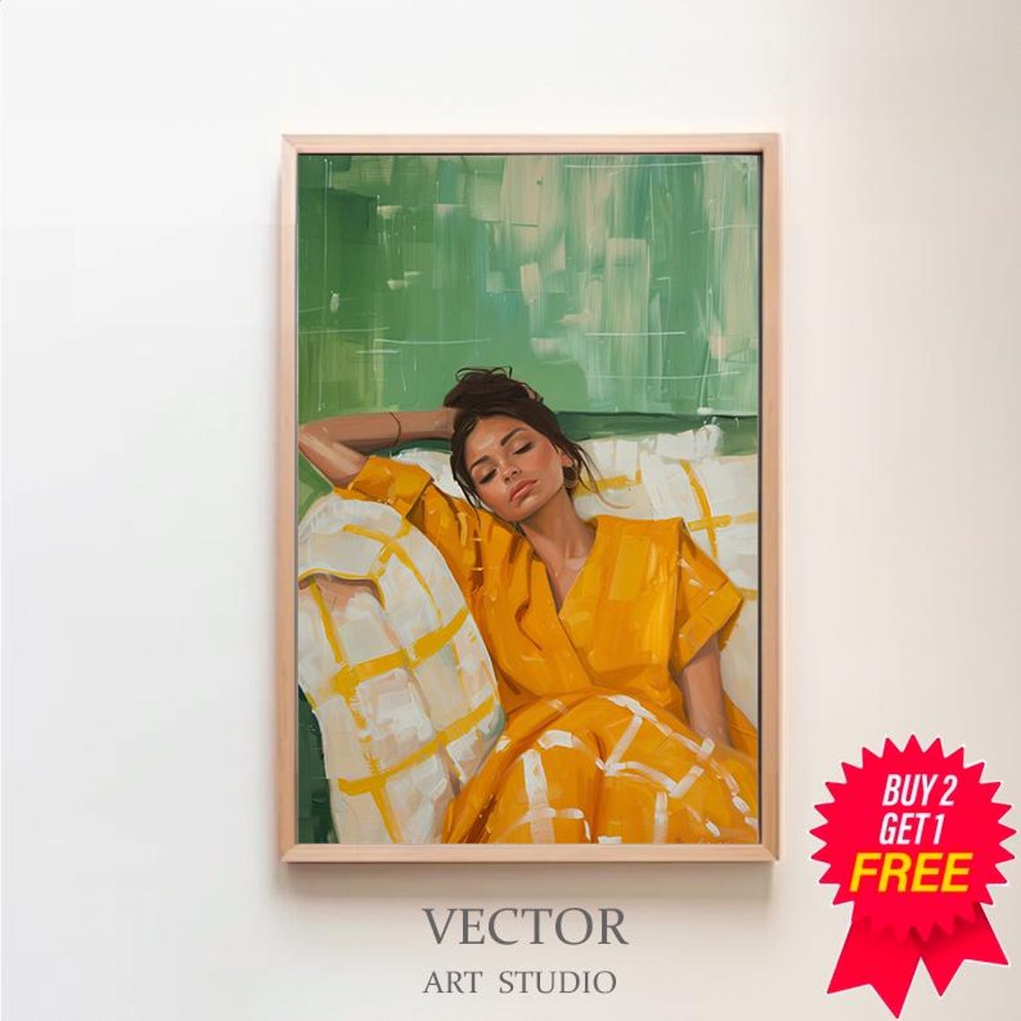 Painted Woman in a Mustard Yellow Dress Reclining on a Couch Poster