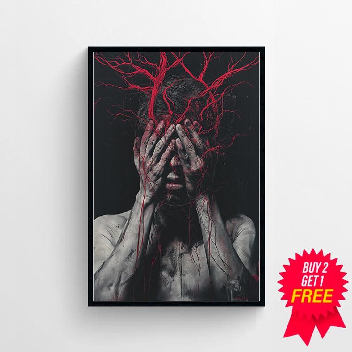 Horror Portrait Hands Over Face Red Vein Lines Dark Art Poster - Image 4