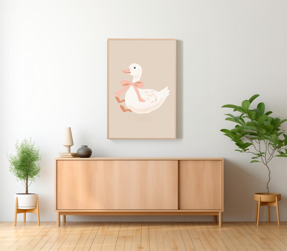 Silly Goose With a Pink Bow on a Beige Minimalist Nursery Art Poster - Image 2