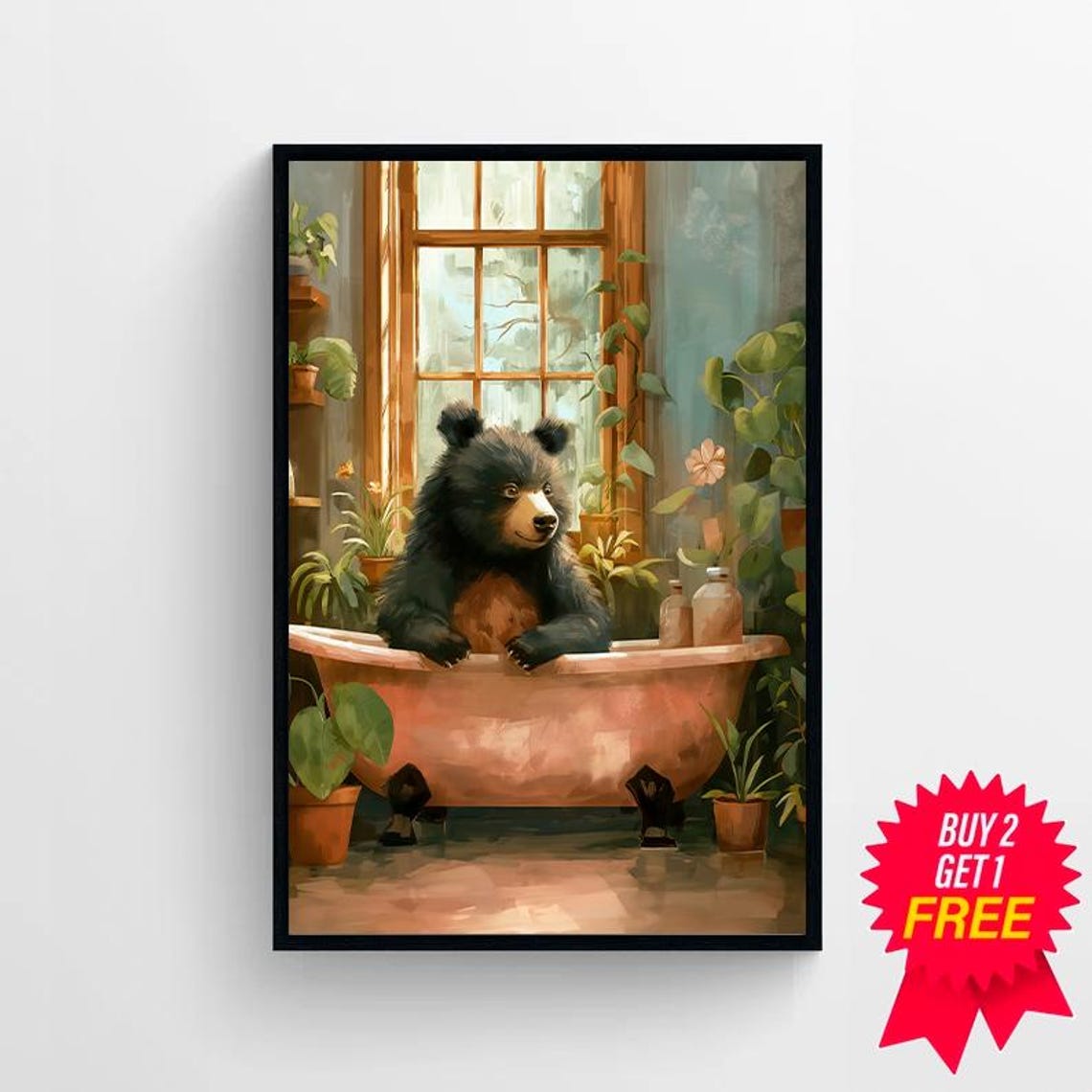 Black Bear Cub Sitting in a Copper Bathtub Botanical Art Poster - Image 4