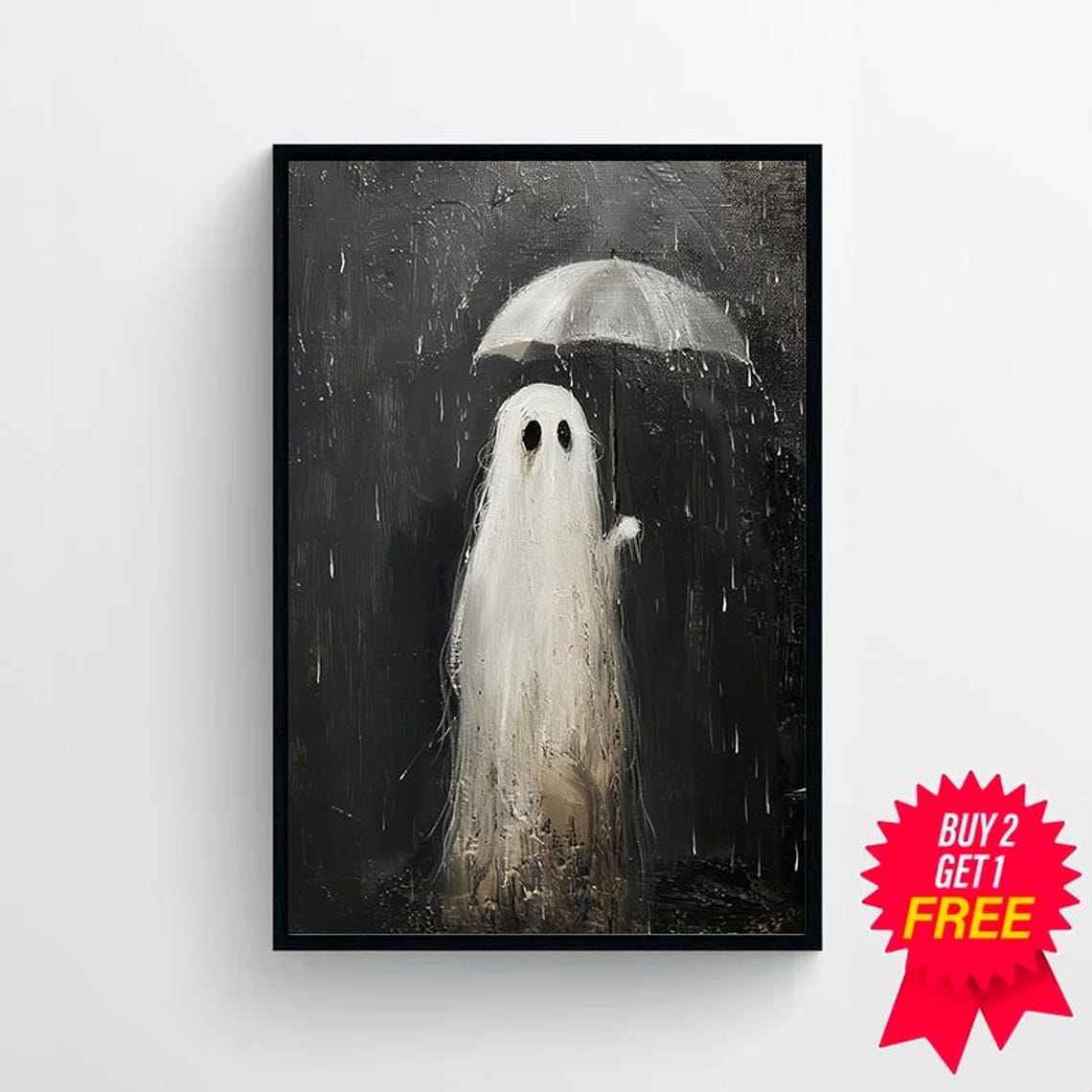 Lonely Ghost Holding White Umbrella Night Rain Oil Painting Poster - Image 4