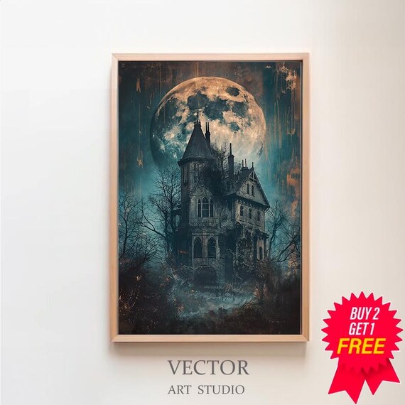 Haunted Victorian Mansion Standing Under A Giant Full Moon Poster