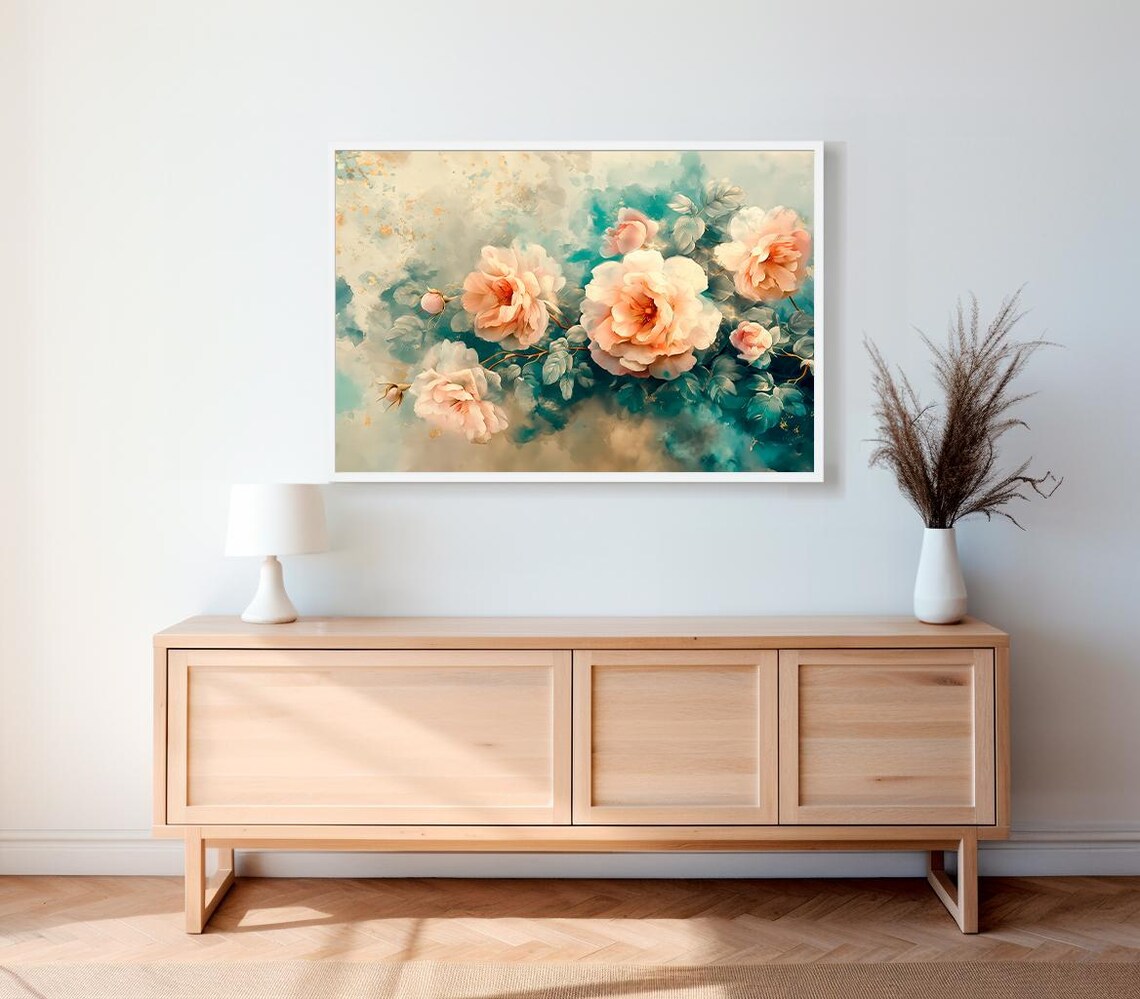 Blush Apricot Roses On Cream Teal Watercolor Floral Bloom Poster - Image 2