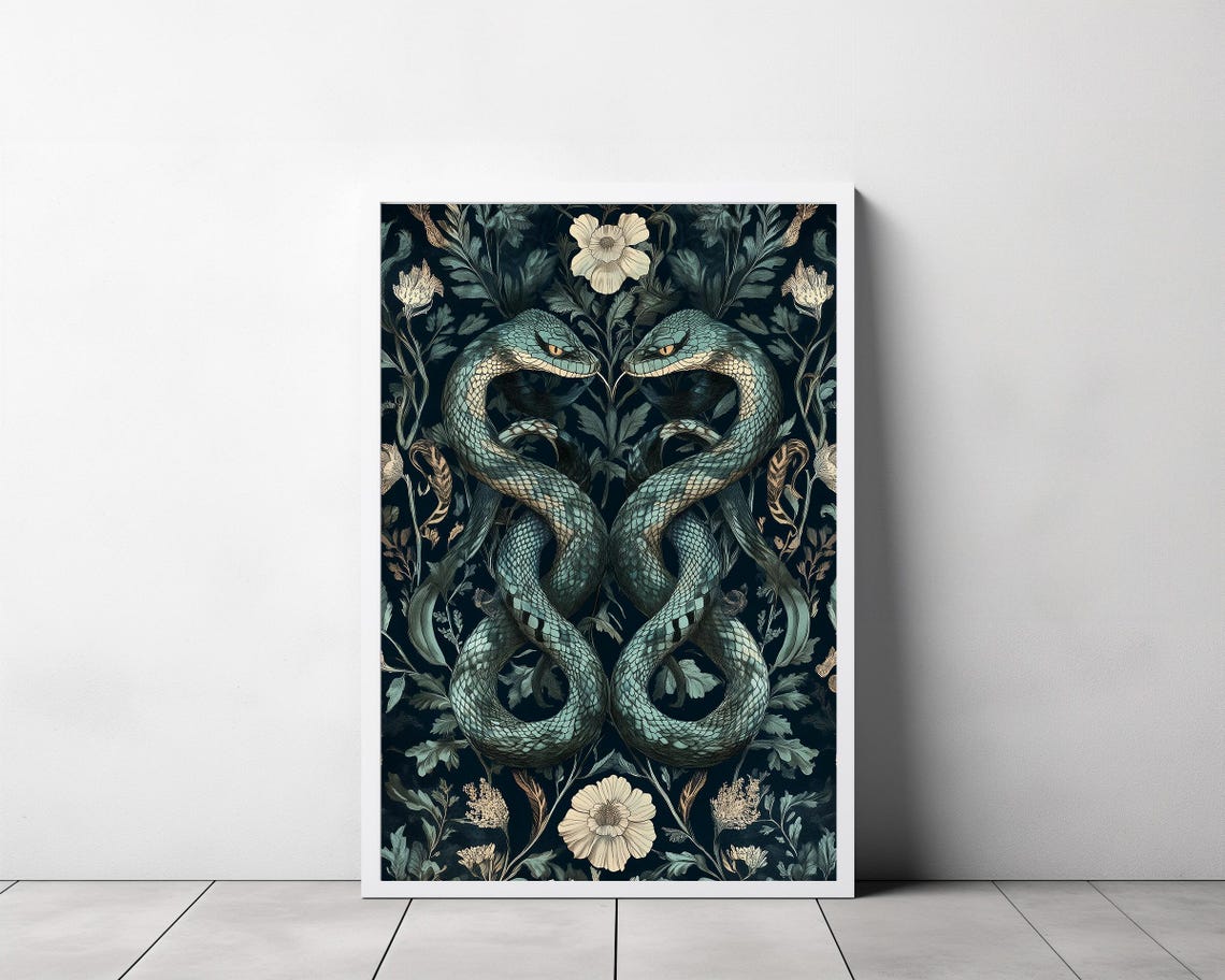 Mirrored Pair Of Green Snakes Dark Botanical Damask Style Poster - Image 3