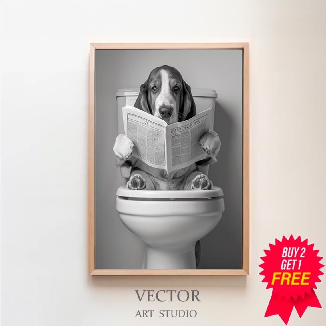 Basset Hound Reading Newspaper on Toilet Funny Animal Poster